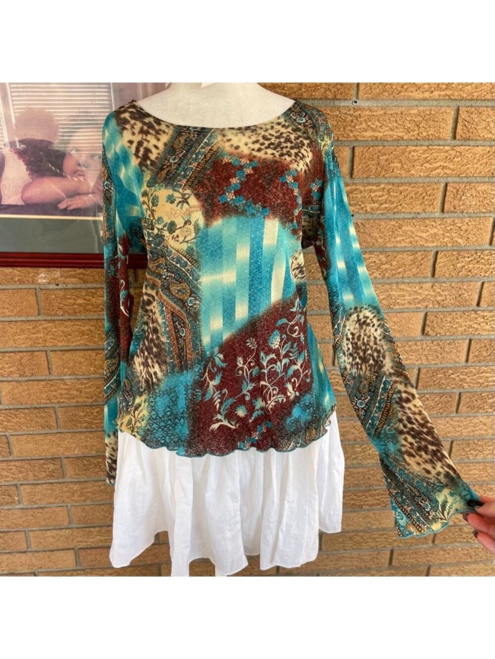 Y2K micromesh boho long sleeve top with paisley and leopard print design